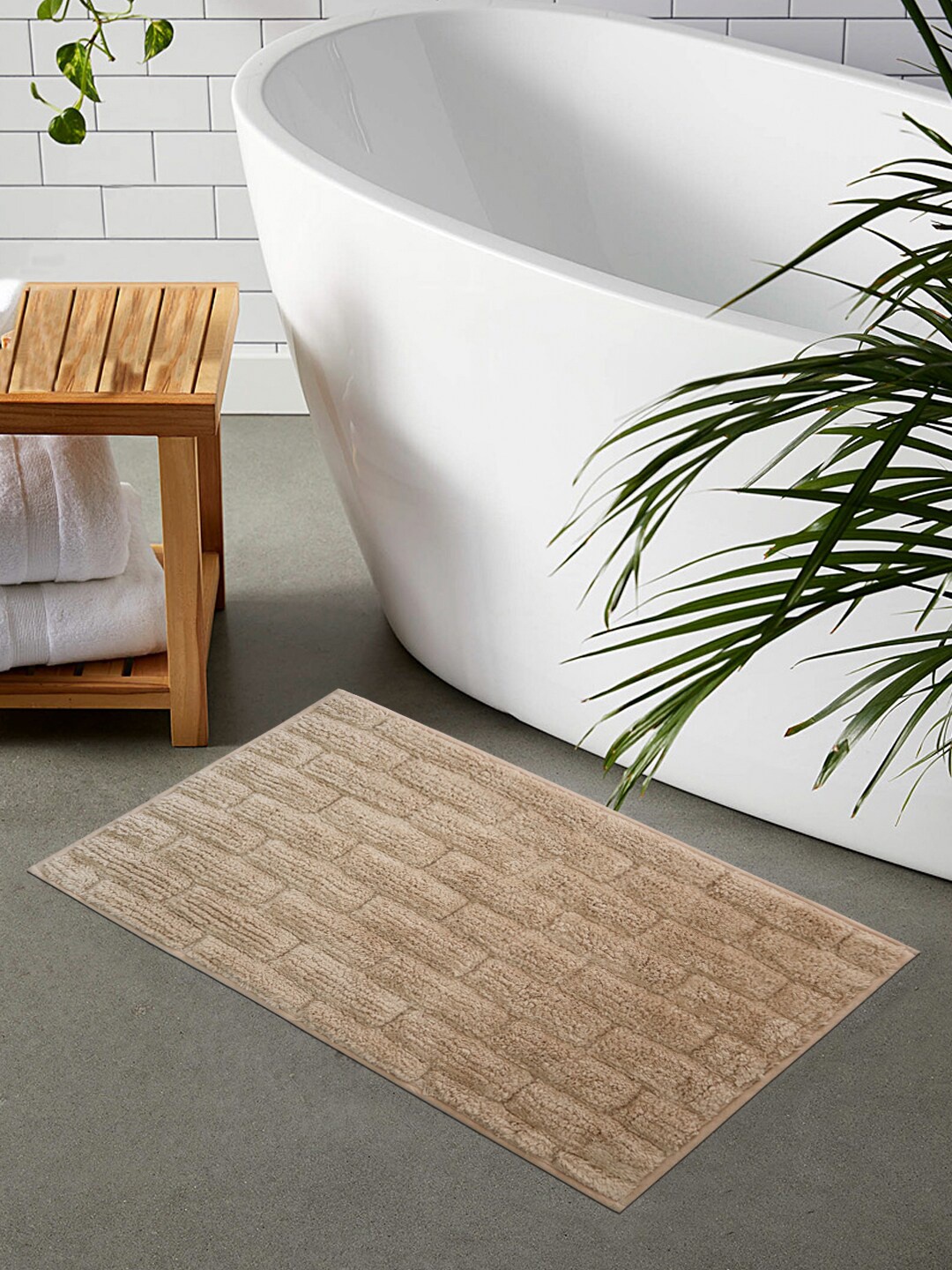 

Shresmo Beige Solid Tile Cotton 2200 GSM Anti Slip Bath Rug