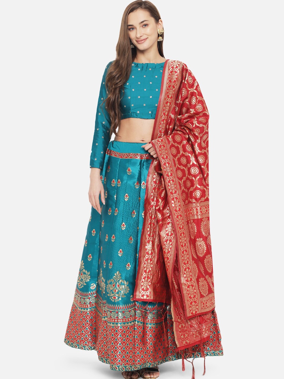 

Mitera Green & Red Ready to Wear Lehenga & Unstitched Blouse With Dupatta