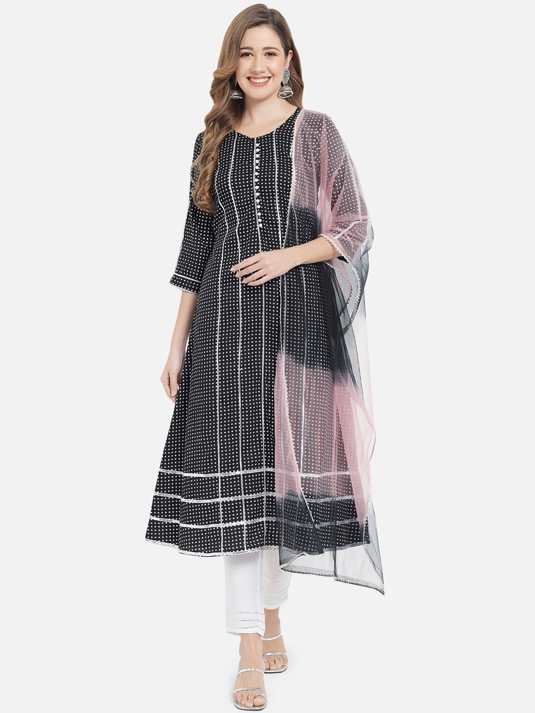 

Meeranshi Women Black Printed Panelled Gotta Patti Kurta with Trousers & With Dupatta