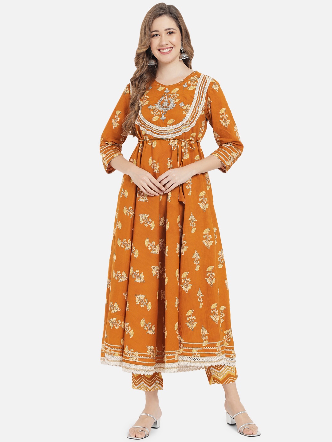 

Meeranshi Women Mustard Yellow Ethnic Motifs Embroidered Pleated Gotta Patti Pure Cotton Kurta with Trousers