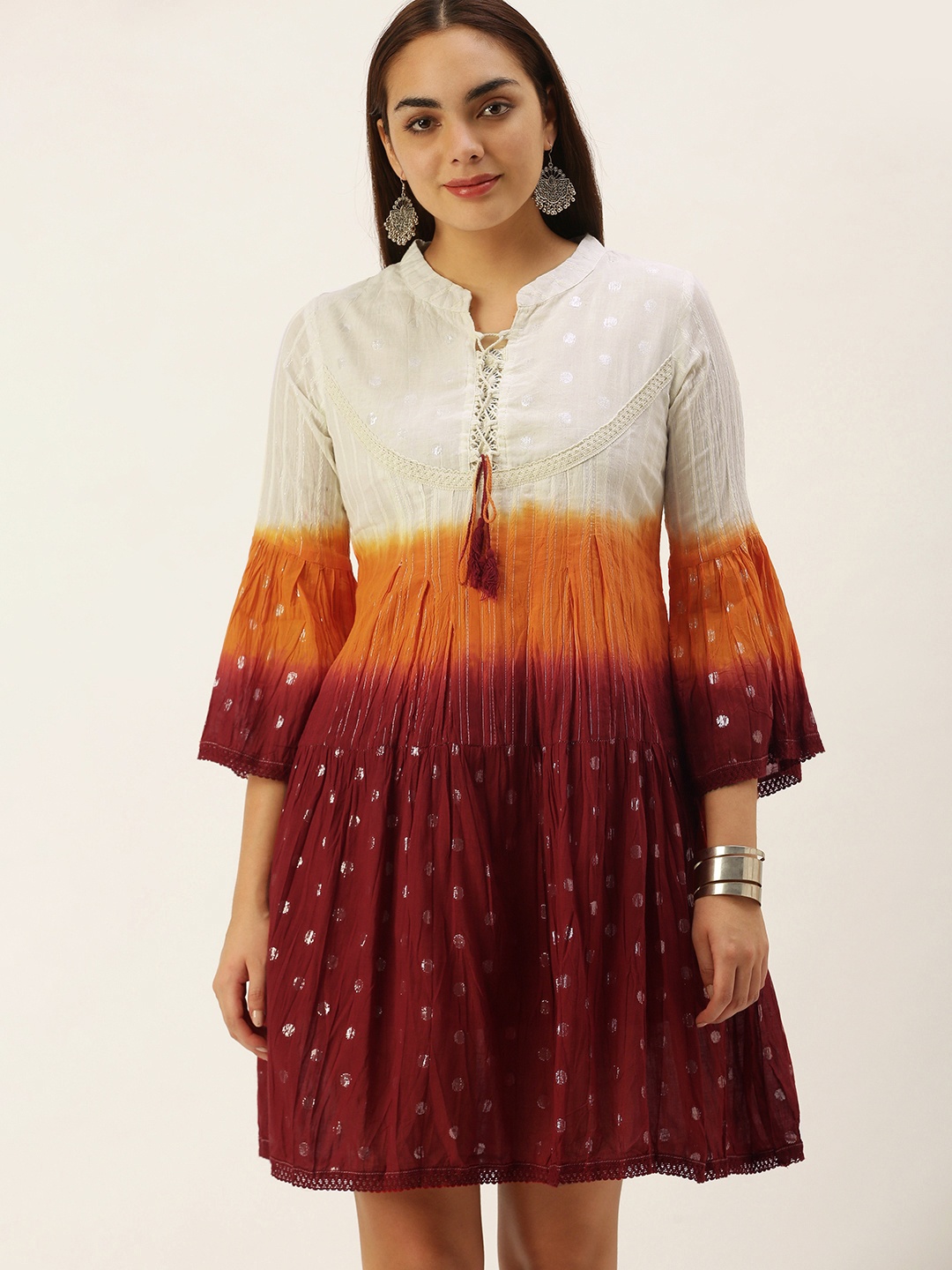 

Saanjh Women White & Mustard Yellow Ombre Geometric Print A-Line Dress
