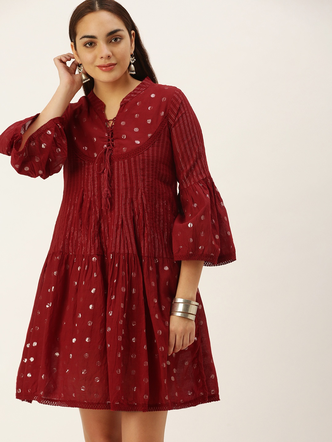 

Saanjh Women Maroon & Silver Geometric Print A-Line Dress