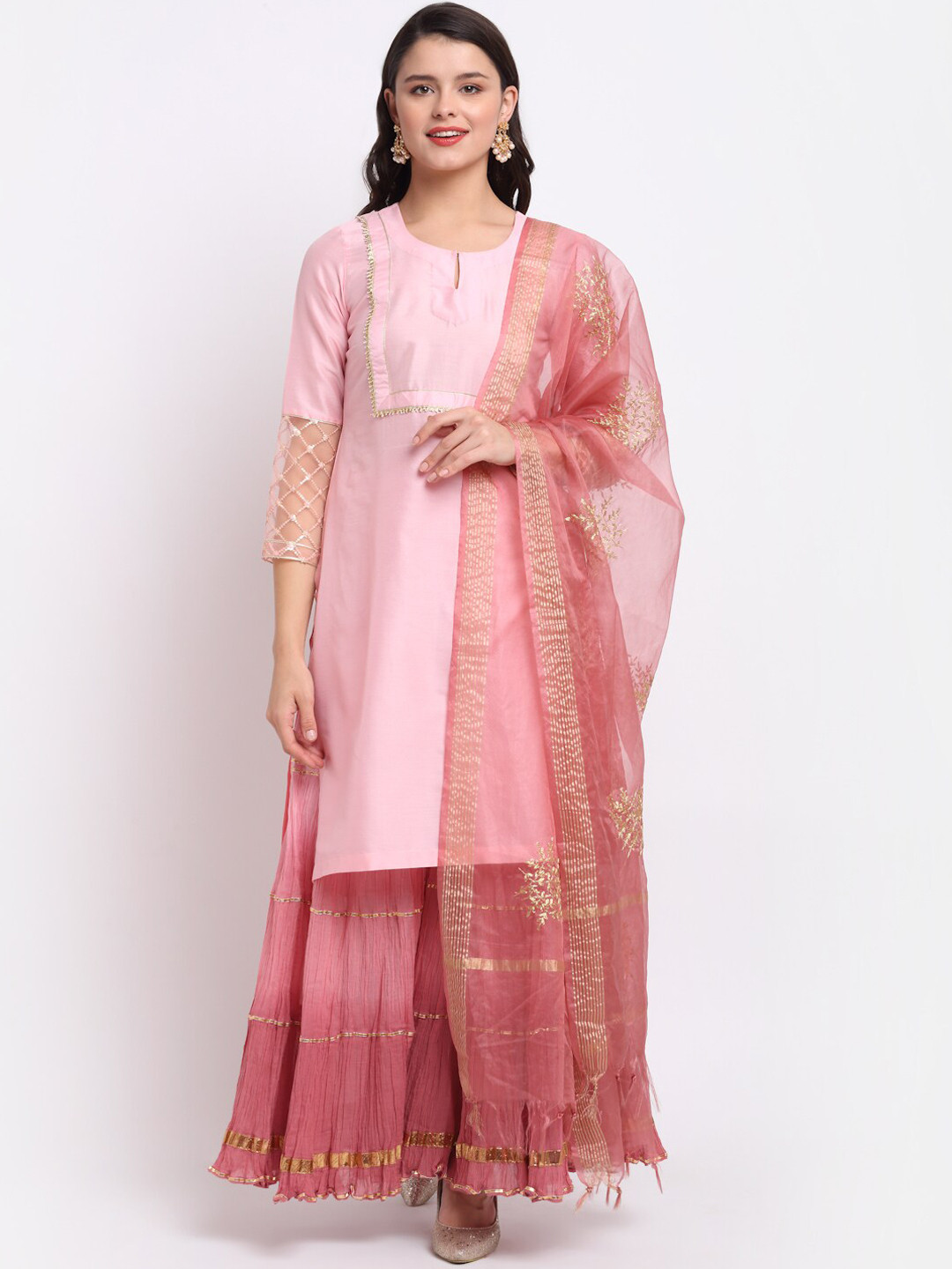 

anokherang Women Pink Embroidered Pleated Gotta Patti Kurta with Sharara & With Dupatta