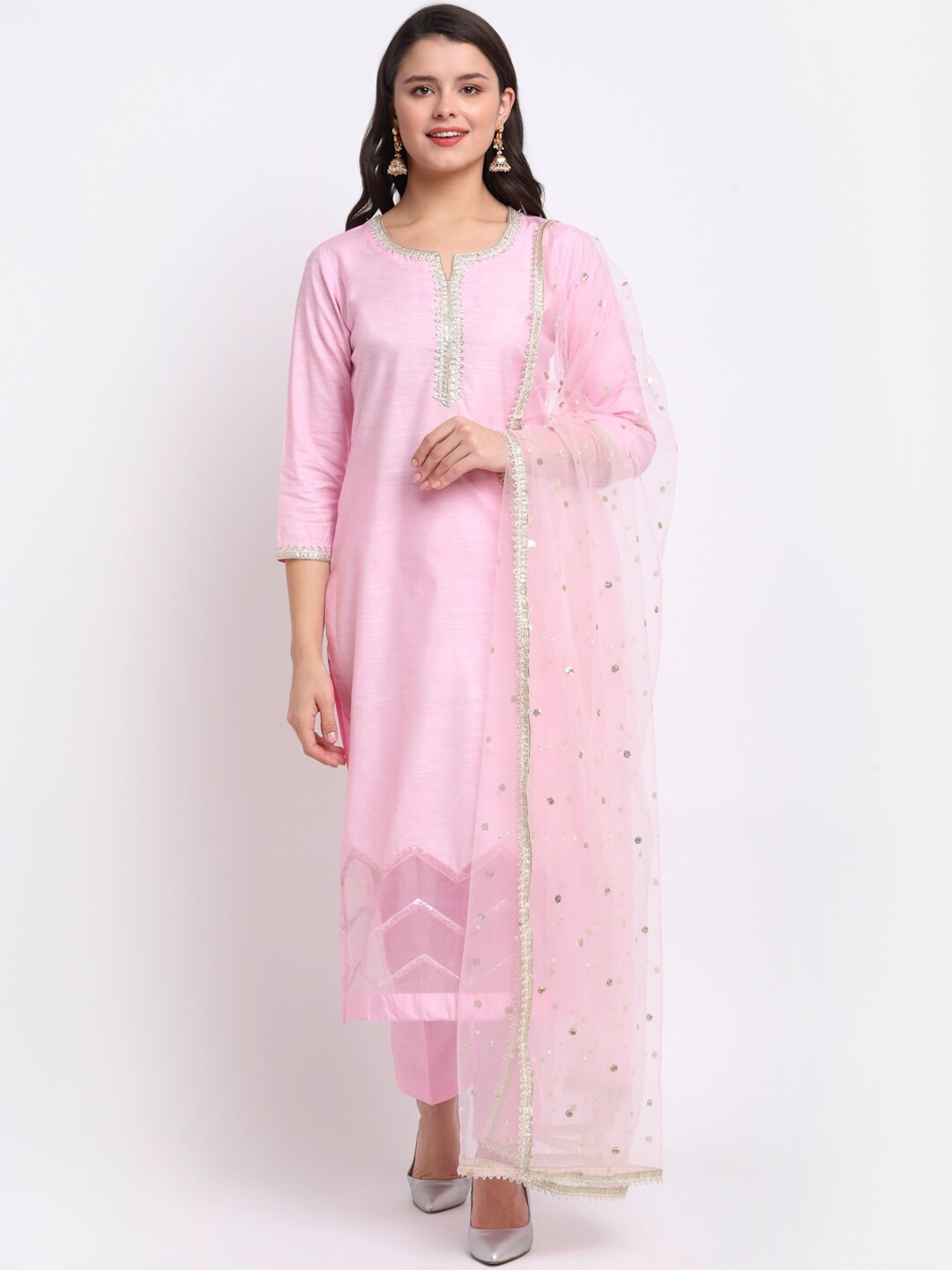 

anokherang Women Pink Embroidered Aari Work Kurta with Trousers & With Dupatta