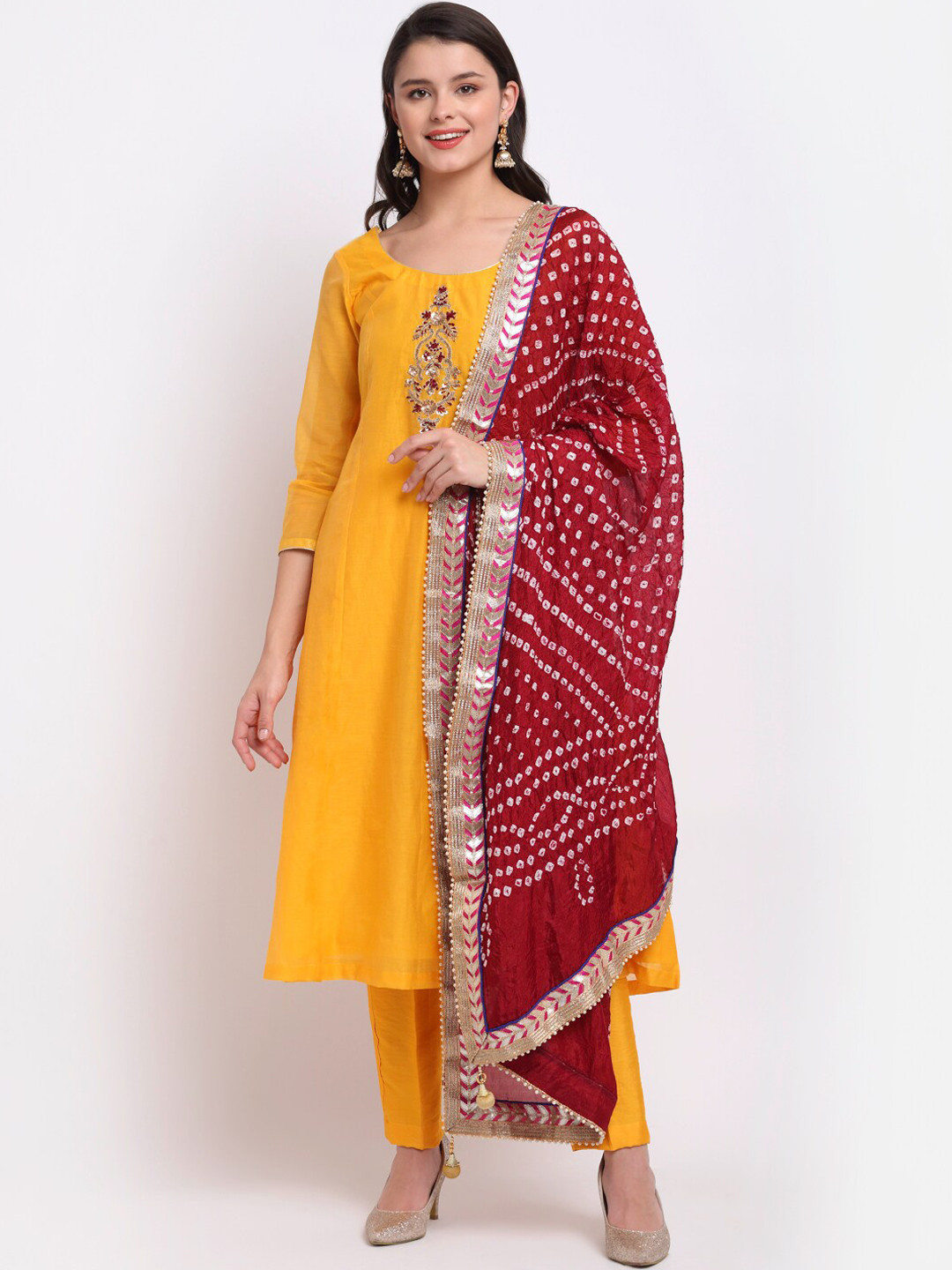 

anokherang Women Mustard Yellow Thread Work Chanderi Silk Kurta with Trouser & Dupatta