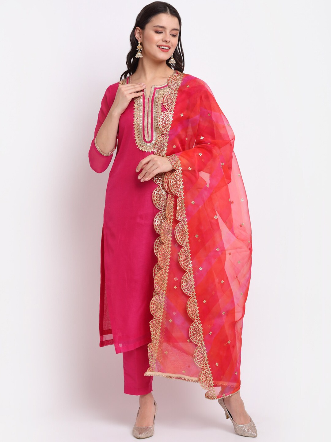 

anokherang Women Pink Gotta Patti Chanderi Silk Kurta with Trousers & With Dupatta