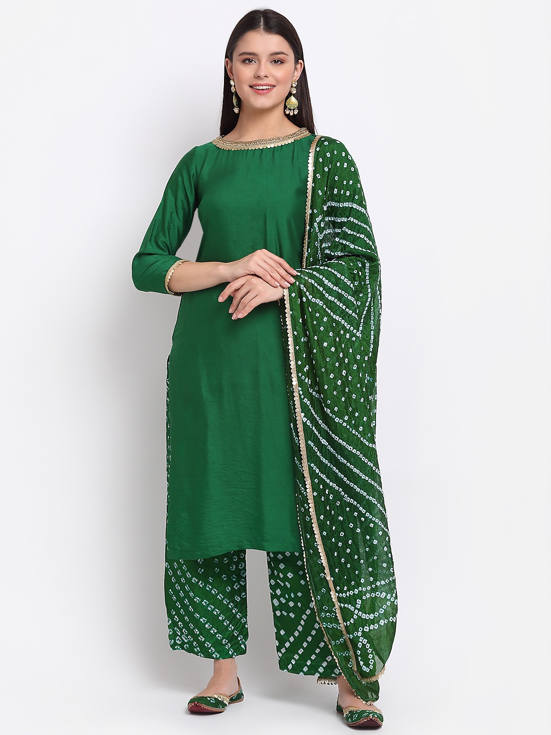 

anokherang Women Green Bandhani Sequinned Kurta with Palazzos & With Dupatta