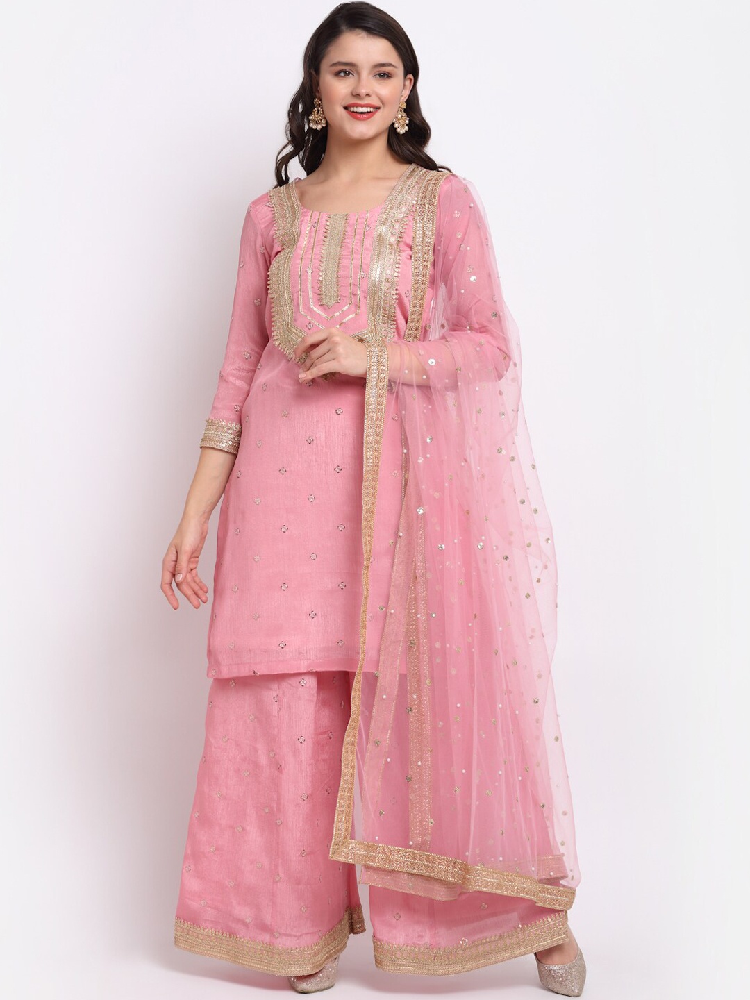 

anokherang Women Pink Embroidered Sequinned Kurta with Palazzos & With Dupatta