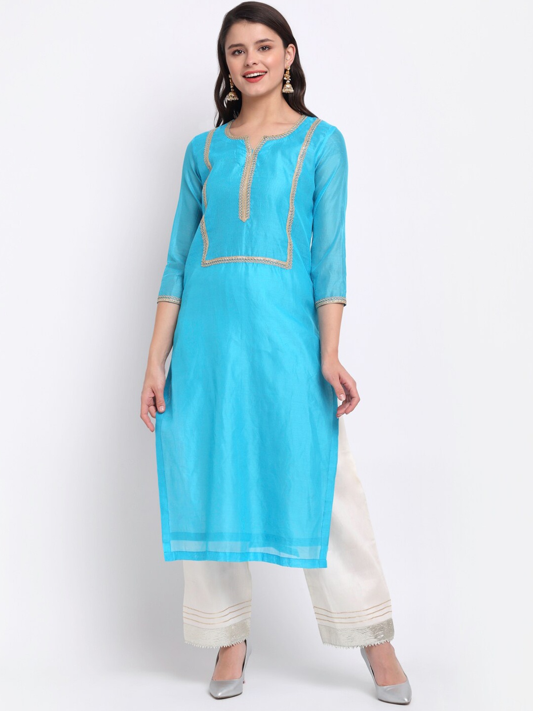 

anokherang Women Blue Gotta Patti Chanderi Silk Kurta with Palazzos