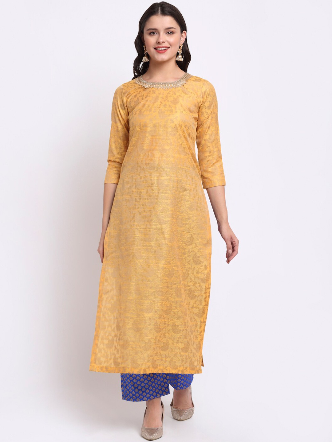 

anokherang Women Mustard Yellow Floral Gotta Patti Kurta with Palazzos