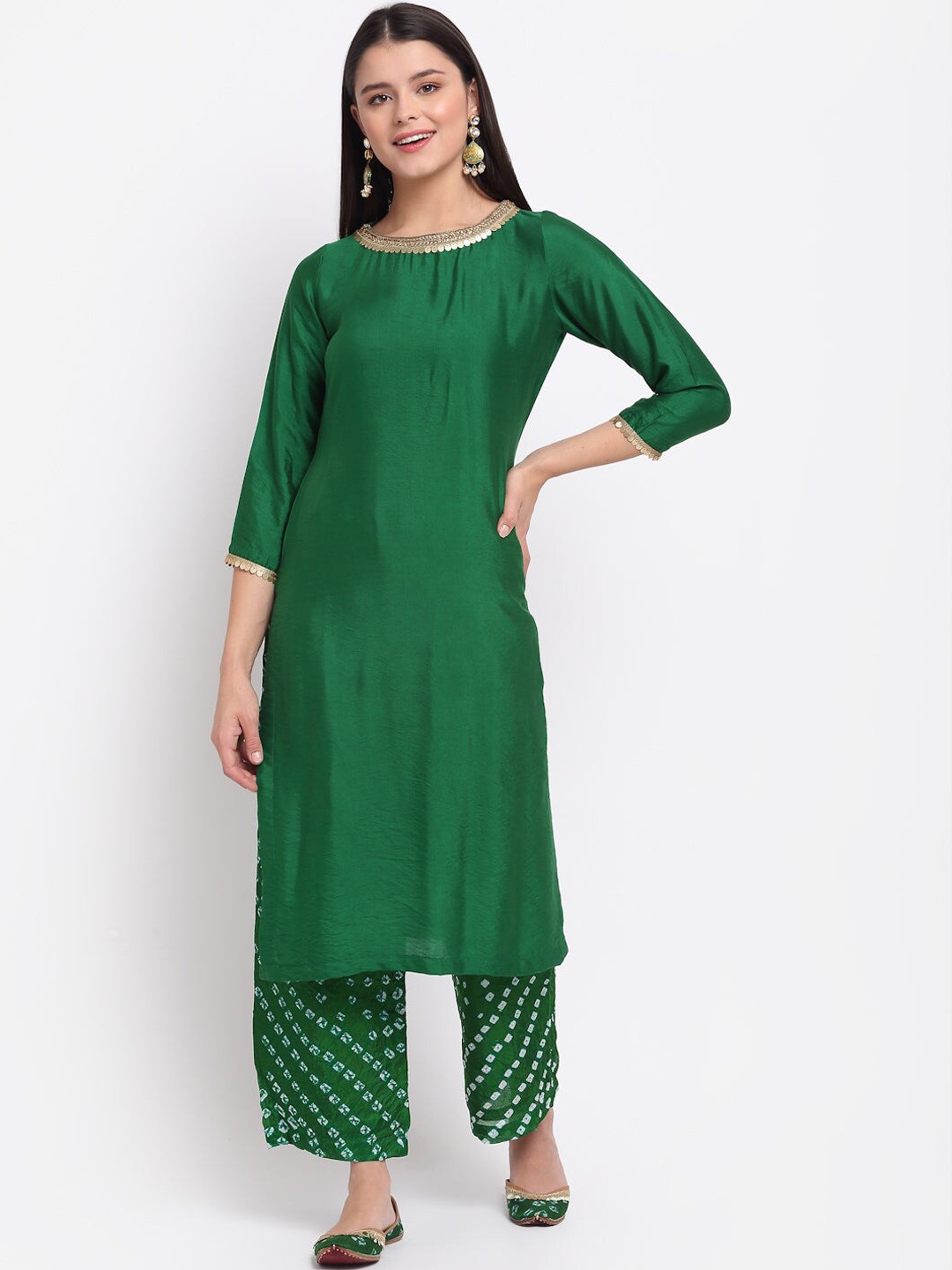 

anokherang Women Green Bandhani Sequinned Kurta with Palazzos