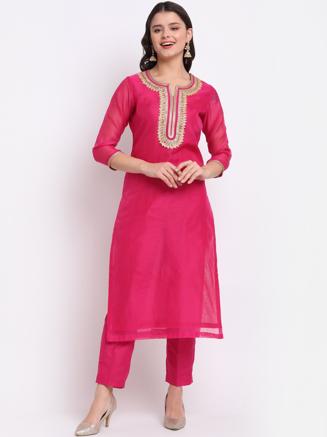 

anokherang Women Fuchsia Gotta Patti Chanderi Silk Kurta with Trousers