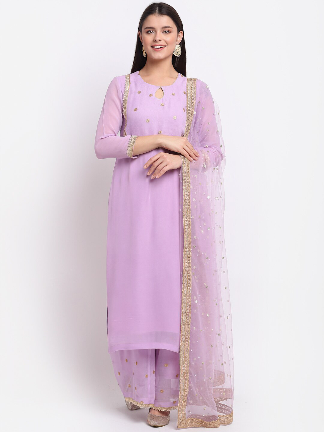 

anokherang Women Lavender Embroidered Sequinned Silk Georgette Kurta with Palazzos & With Dupatta