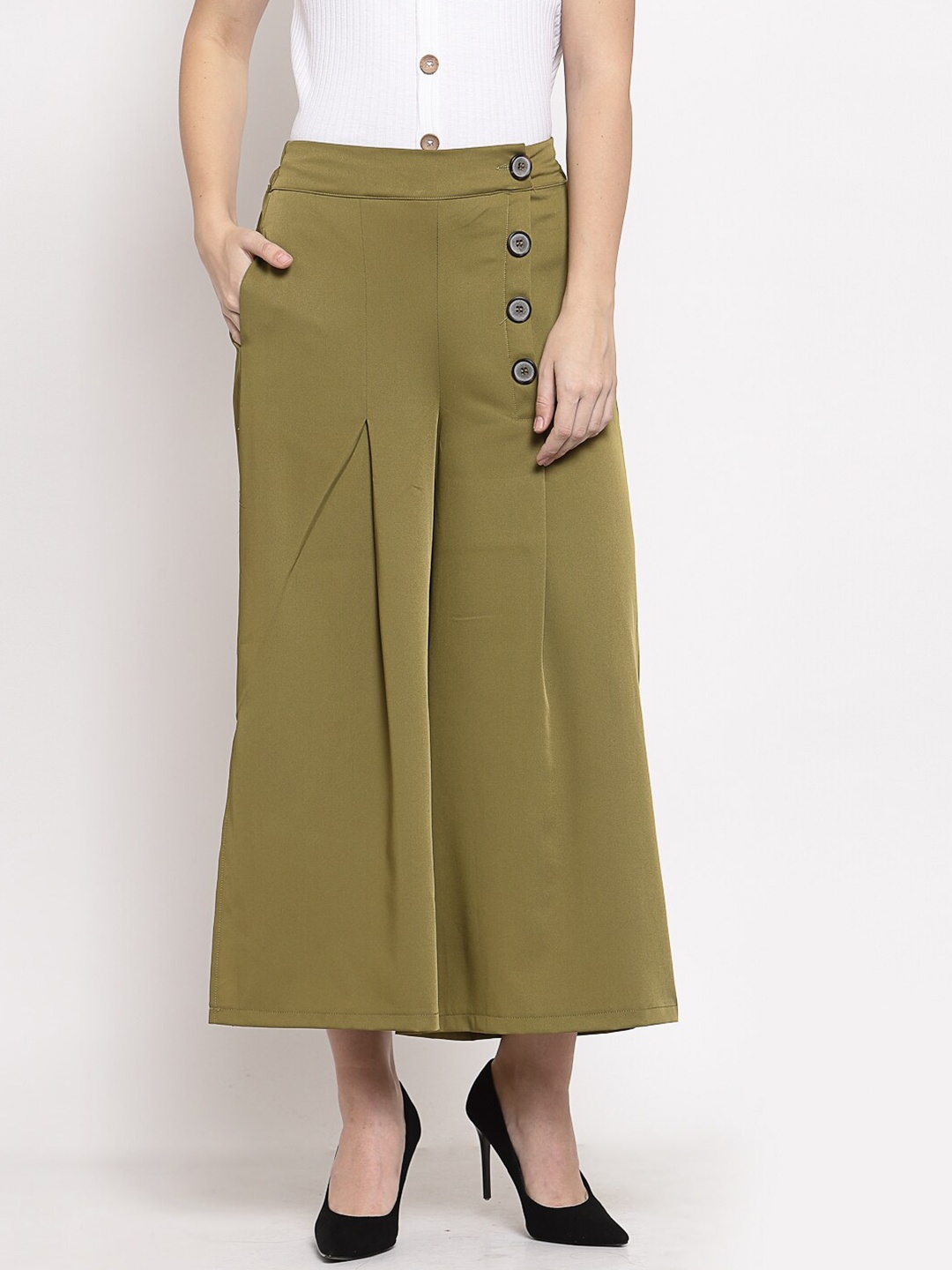 

Mafadeny Women Olive Solid Flared Fit Palazzos