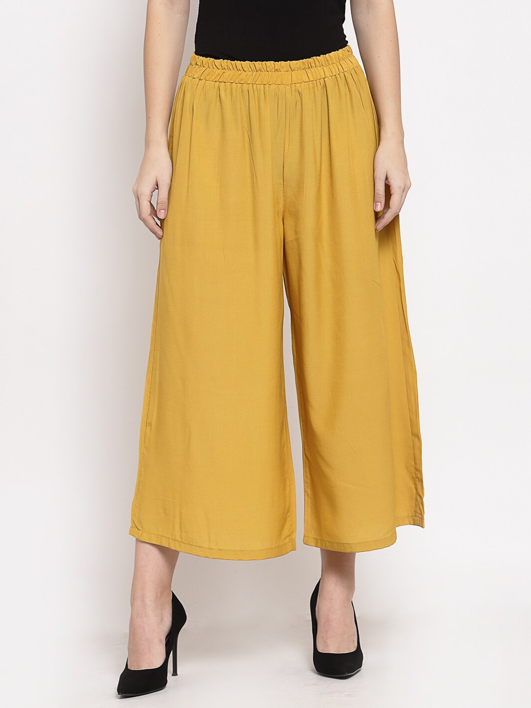 

Mafadeny Women Mustard Solid Yellow Flared Knitted Palazzos