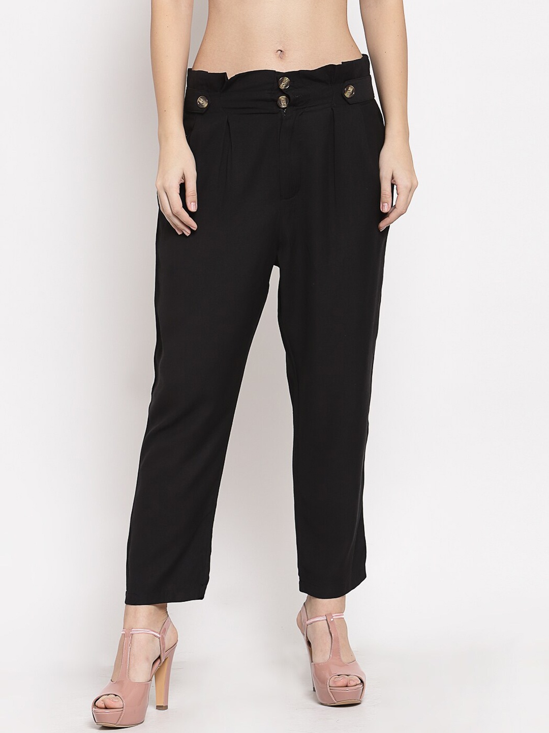 

Mafadeny Women Black Tapered Fit High-Rise Trousers