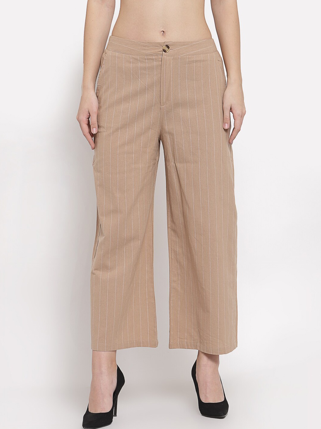 

Mafadeny Women Khaki Striped Flared Palazzos