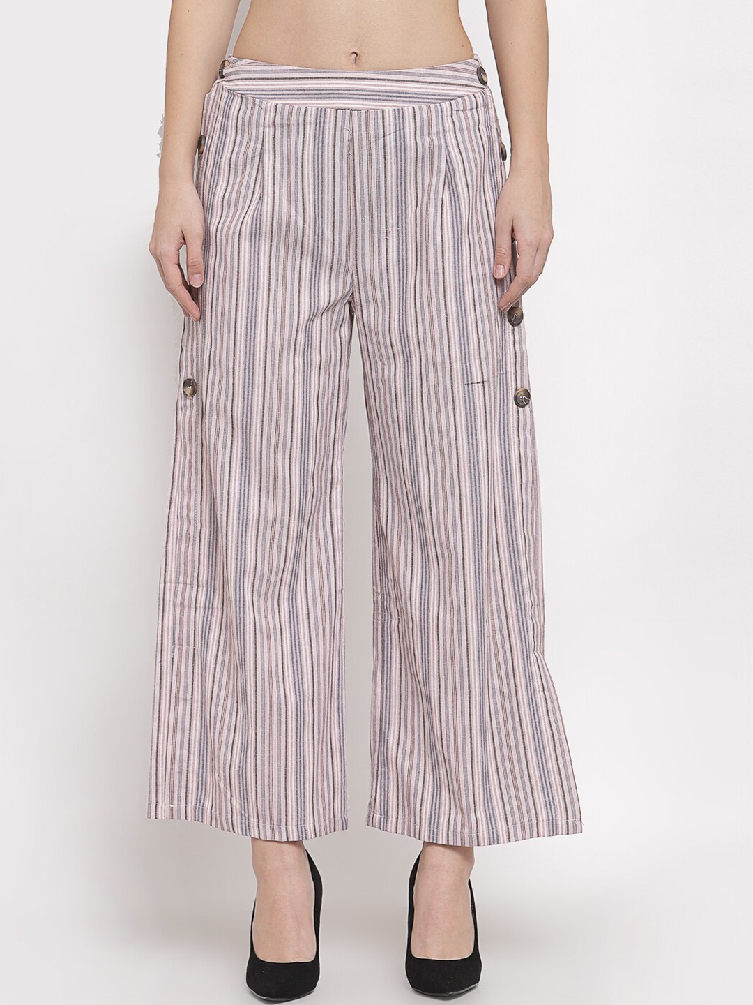 

Mafadeny Women Pink & White Striped Flared Cotton Knitted Palazzos