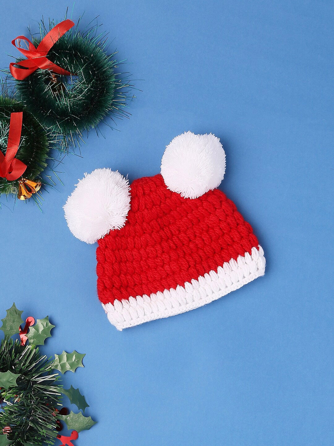 

Babymoon Newborn Red & White Crochet Pom Pom Cap