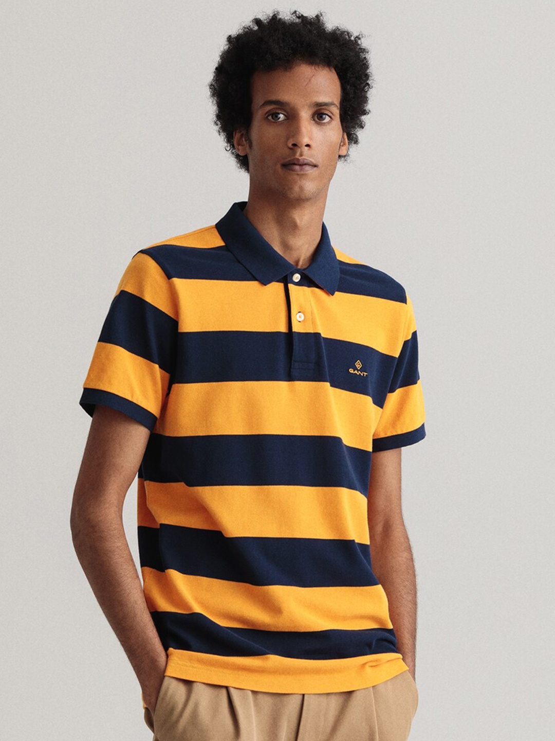 

GANT Men Yellow & Navy Blue Striped Polo Collar T-shirt