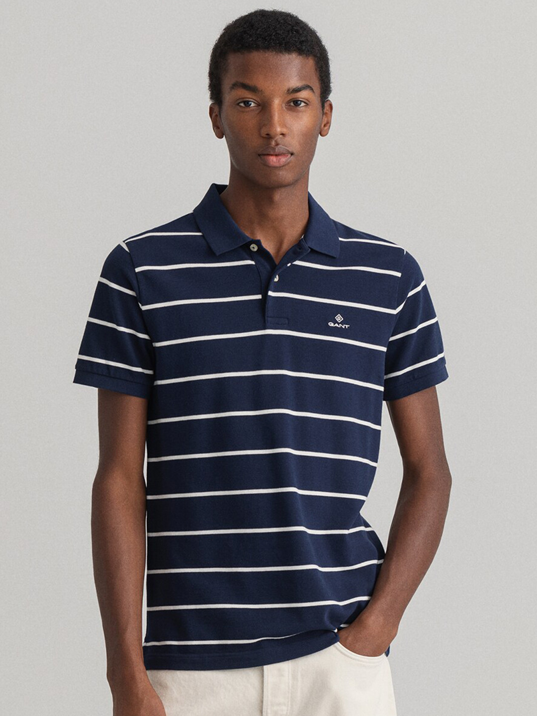 

GANT Men Blue Striped Polo Collar T-shirt