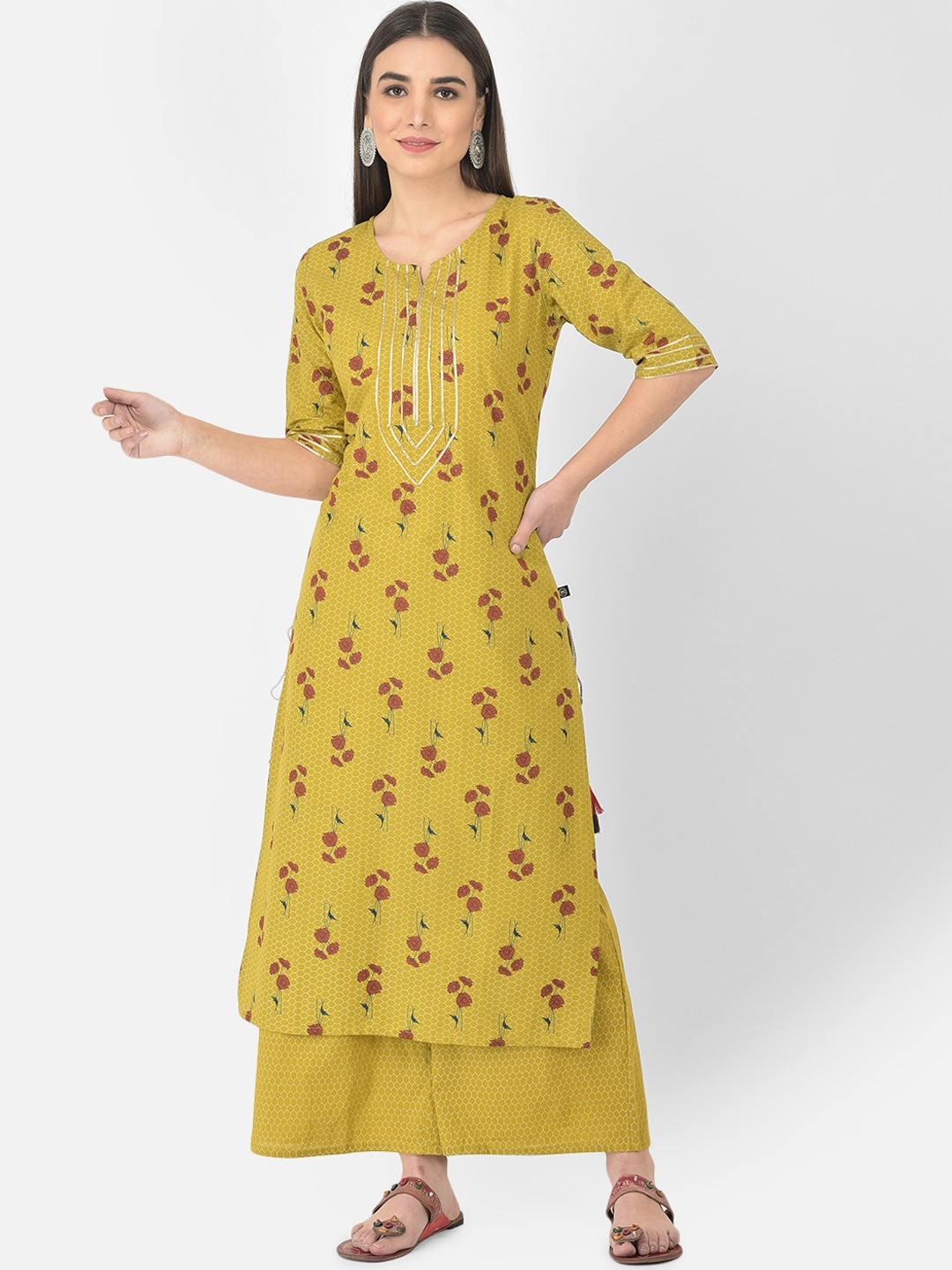 

Pistaa Women Mustard Yellow Floral Printed Pure Cotton Kurta With Palazzos