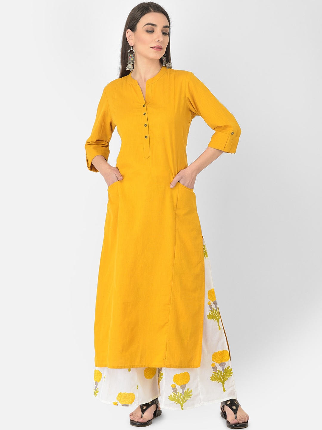 

Pistaa Women Yellow Panelled Kurta With Printed Palazzos