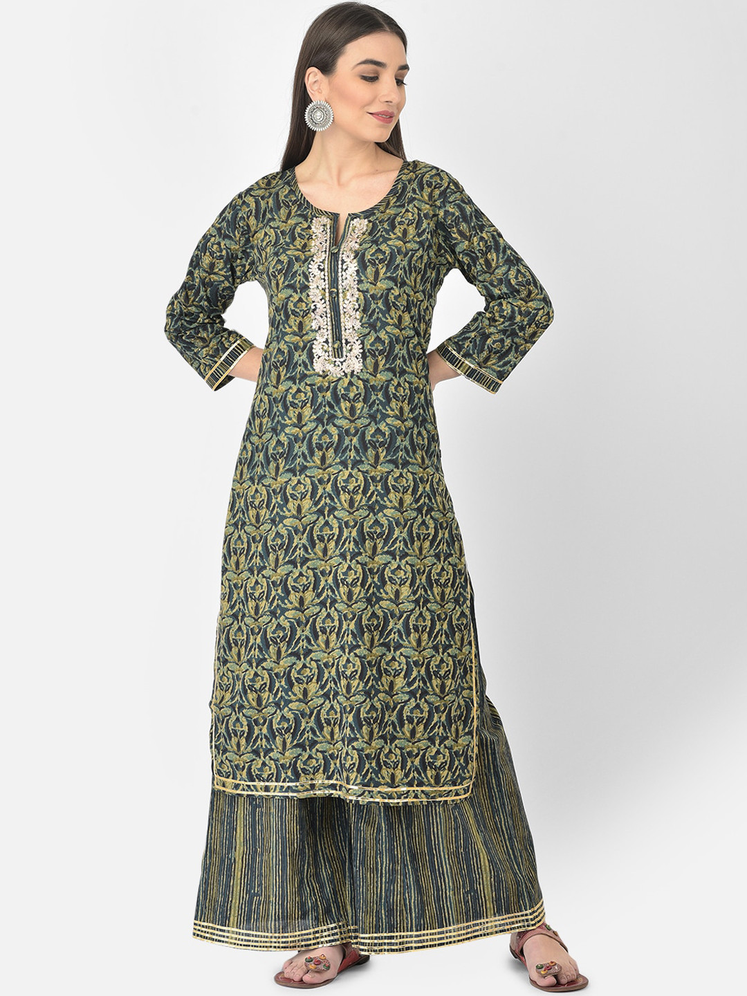 

Pistaa Women Green Printed Pure Cotton Kurta With Printed Palazzos