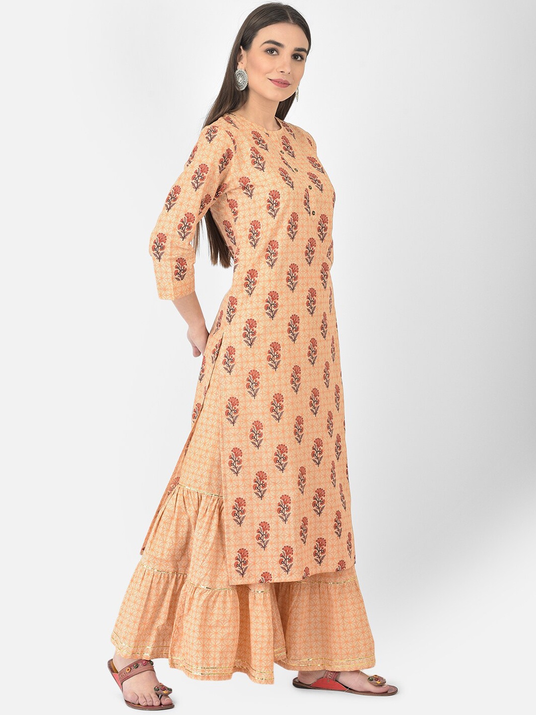 

Pistaa Women Peach Ethnic Motifs Printed Pure Cotton Kurta With Sharara