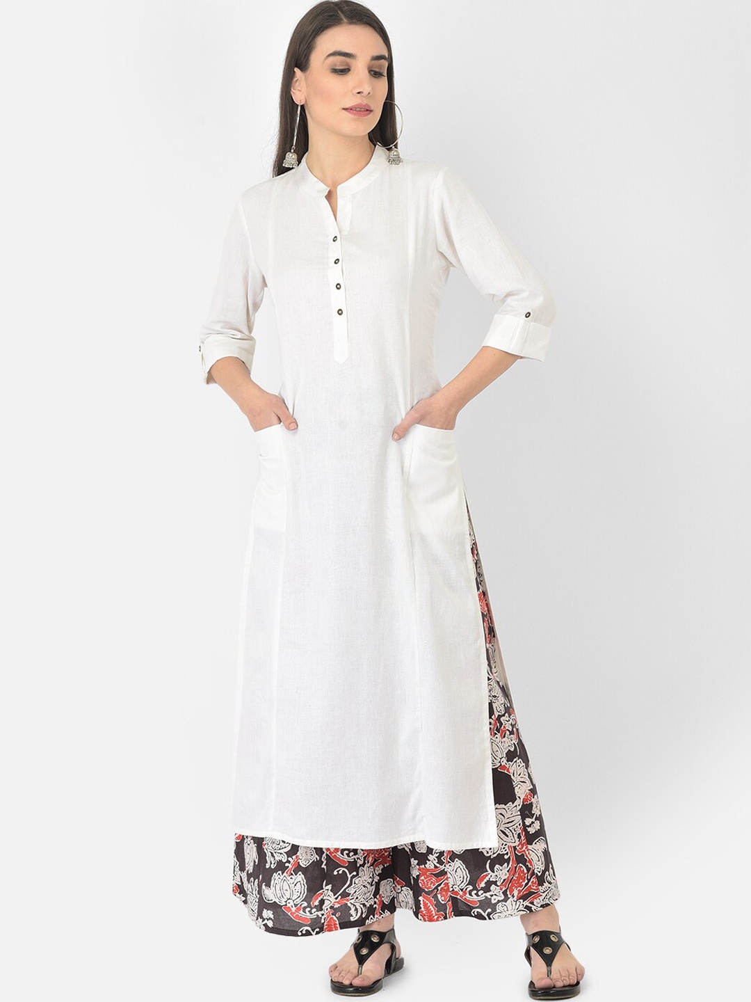 

Pistaa Women White Panelled Kurta With Printed Palazzos