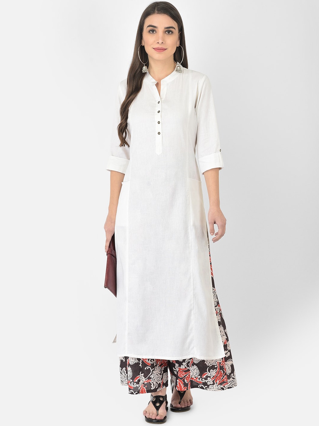 

Pistaa Women White Panelled Kurta With Printed Palazzos