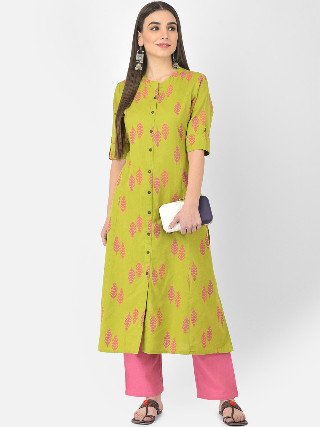 

Pistaa Women Green Printed High Slit Kurta with Palazzos