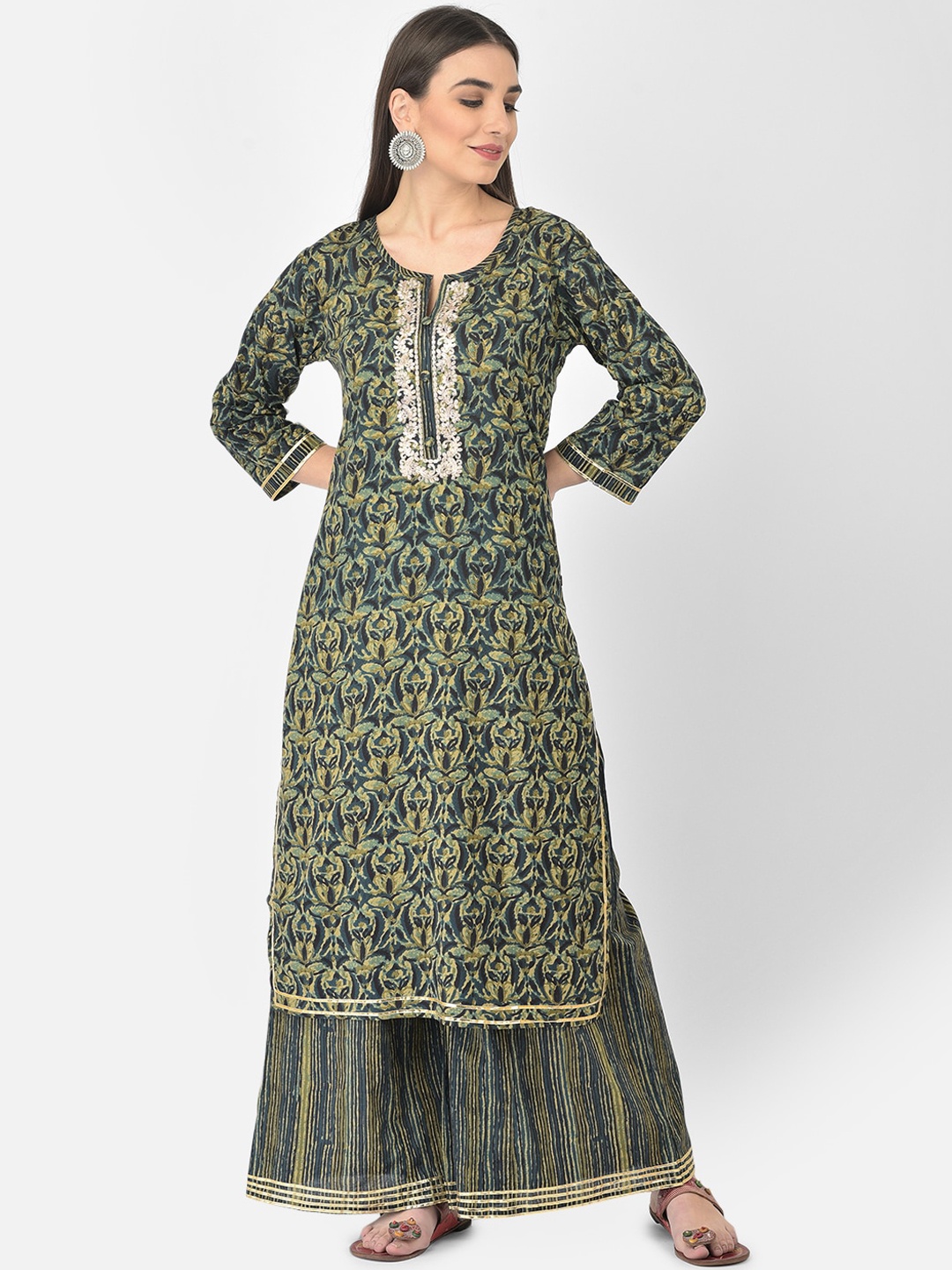 

Pistaa Women Green Printed Pure Cotton Kurta with Sharara