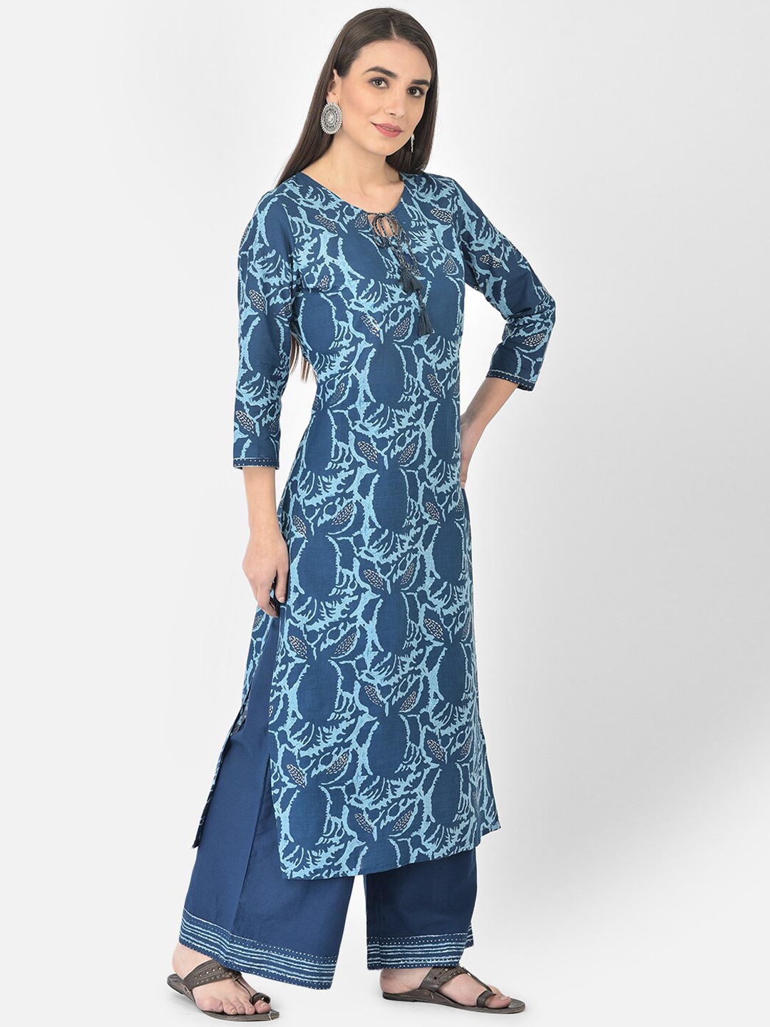 

Pistaa Women Navy Blue Floral Printed High Slit Pure Cotton Kurti with Palazzos