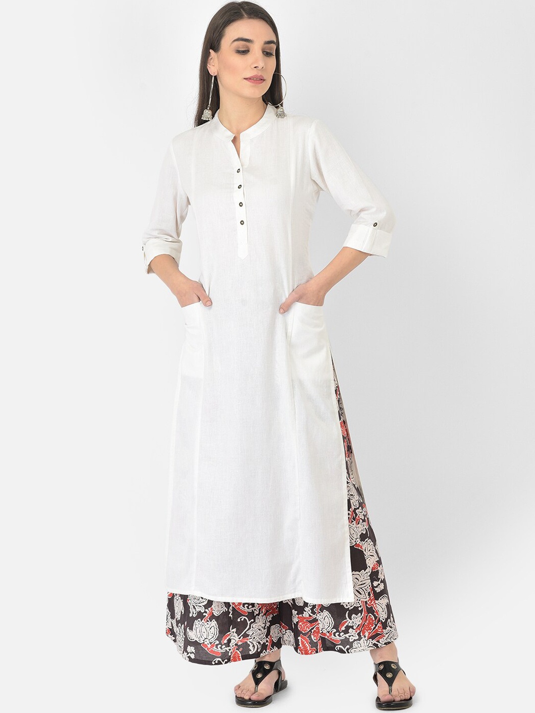 

Pistaa Women White Panelled Kurta with Palazzos