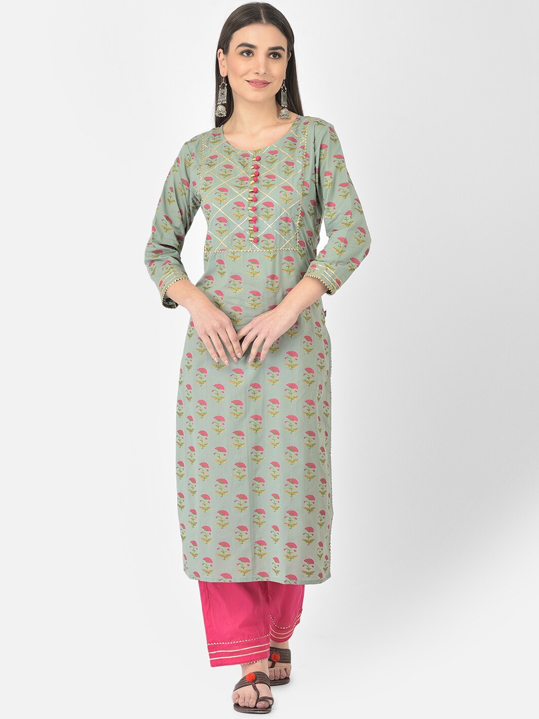 

Pistaa Women Green Floral Printed Pure Cotton Kurta with Trousers