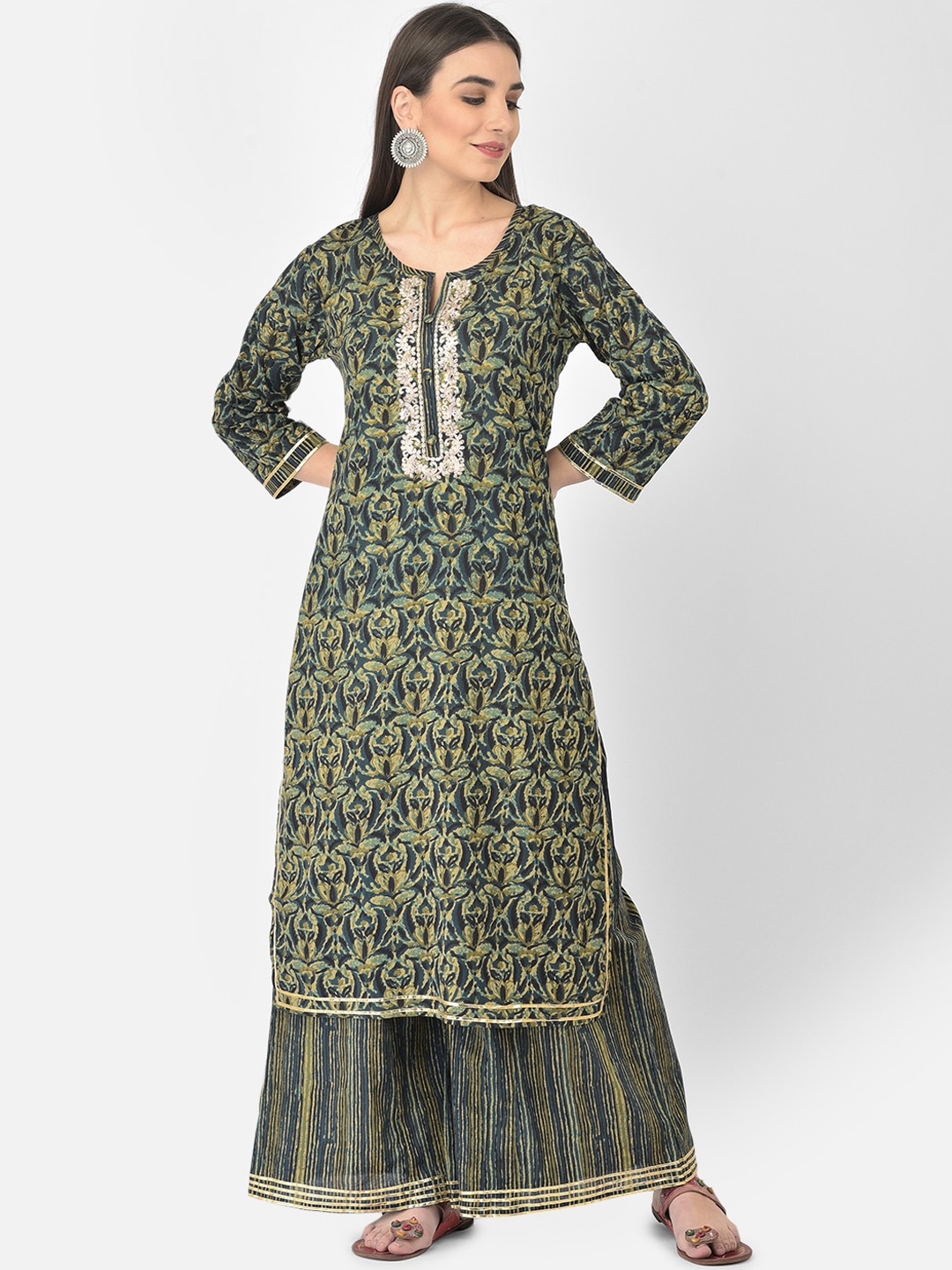 

Pistaa Women Green Printed Pure Cotton Kurta With Printed Palazzos