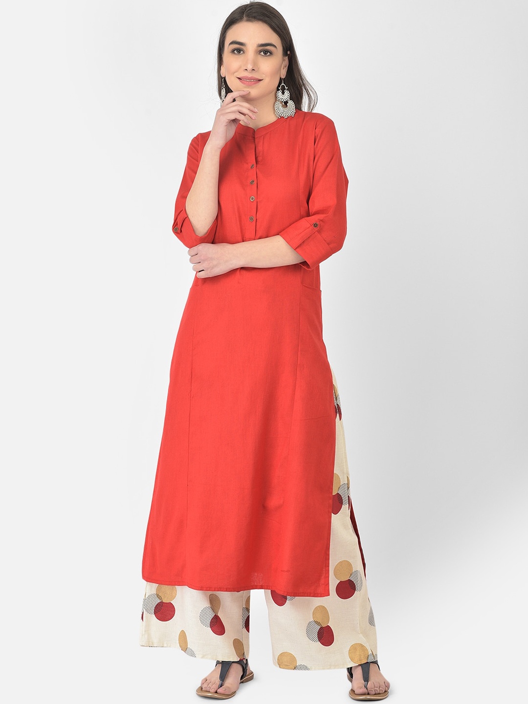 

Pistaa Women Red Pleated Kurta With Printed Palazzos