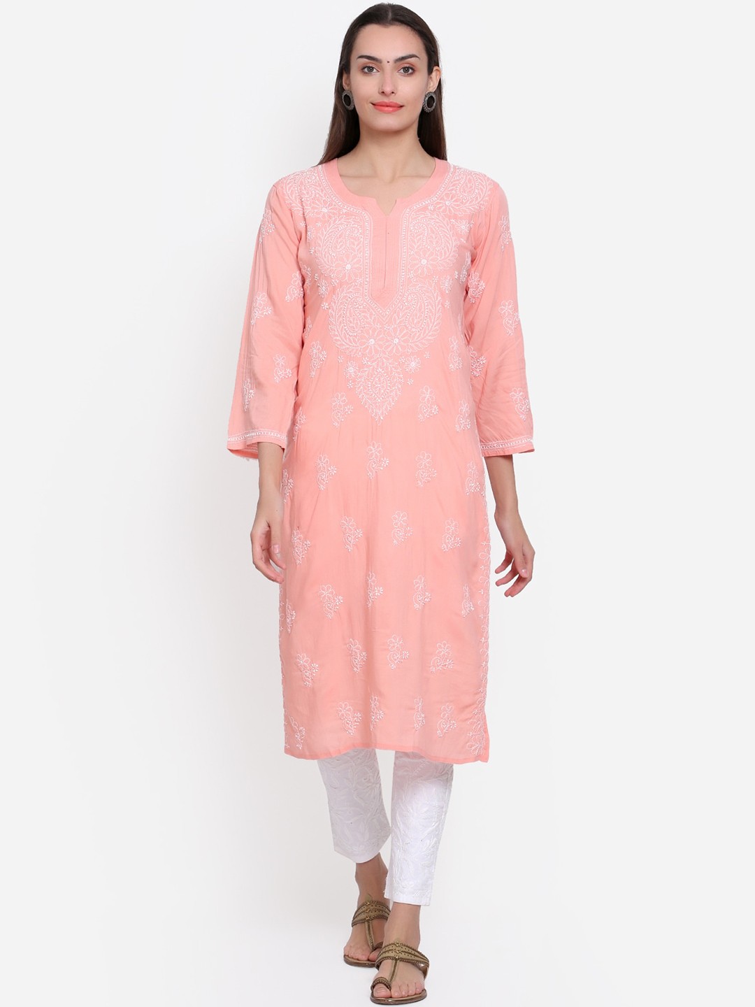 

PARAMOUNT CHIKAN Women Peach-Coloured Hand Embroidered Chikankari Kurta