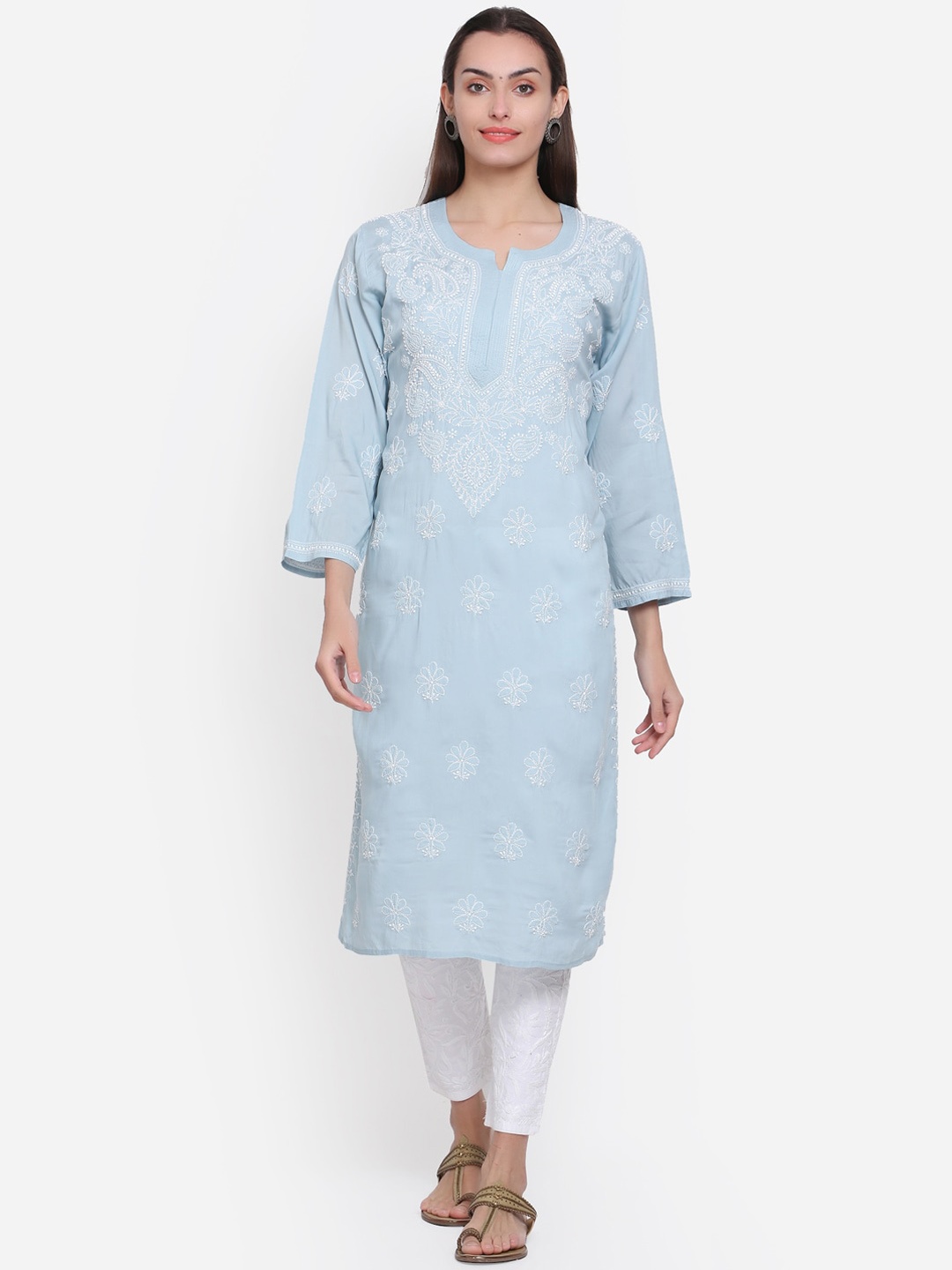 

PARAMOUNT CHIKAN Women Grey Ethnic Motif Hand Embroidered Chikankari Modal Kurta