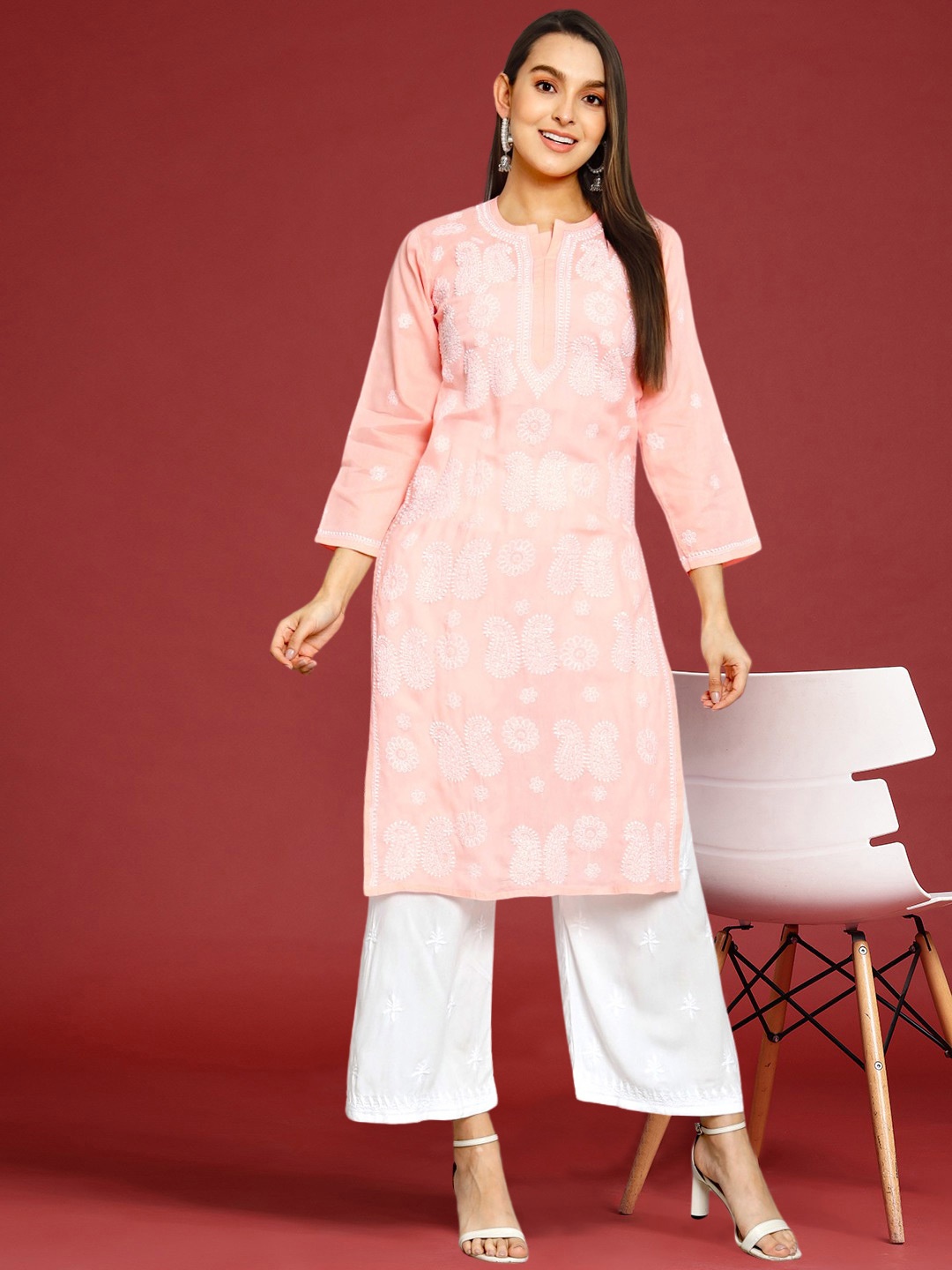 

PARAMOUNT CHIKAN Women Peach-Coloured Hand Embroidered Chikankari Cotton Kurta
