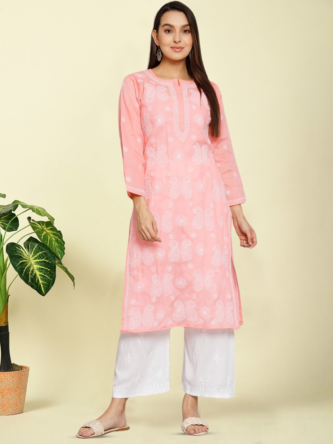 

PARAMOUNT CHIKAN Women Coral Ethnic Motif Hand Embroidered Chikankari Cotton Kurta