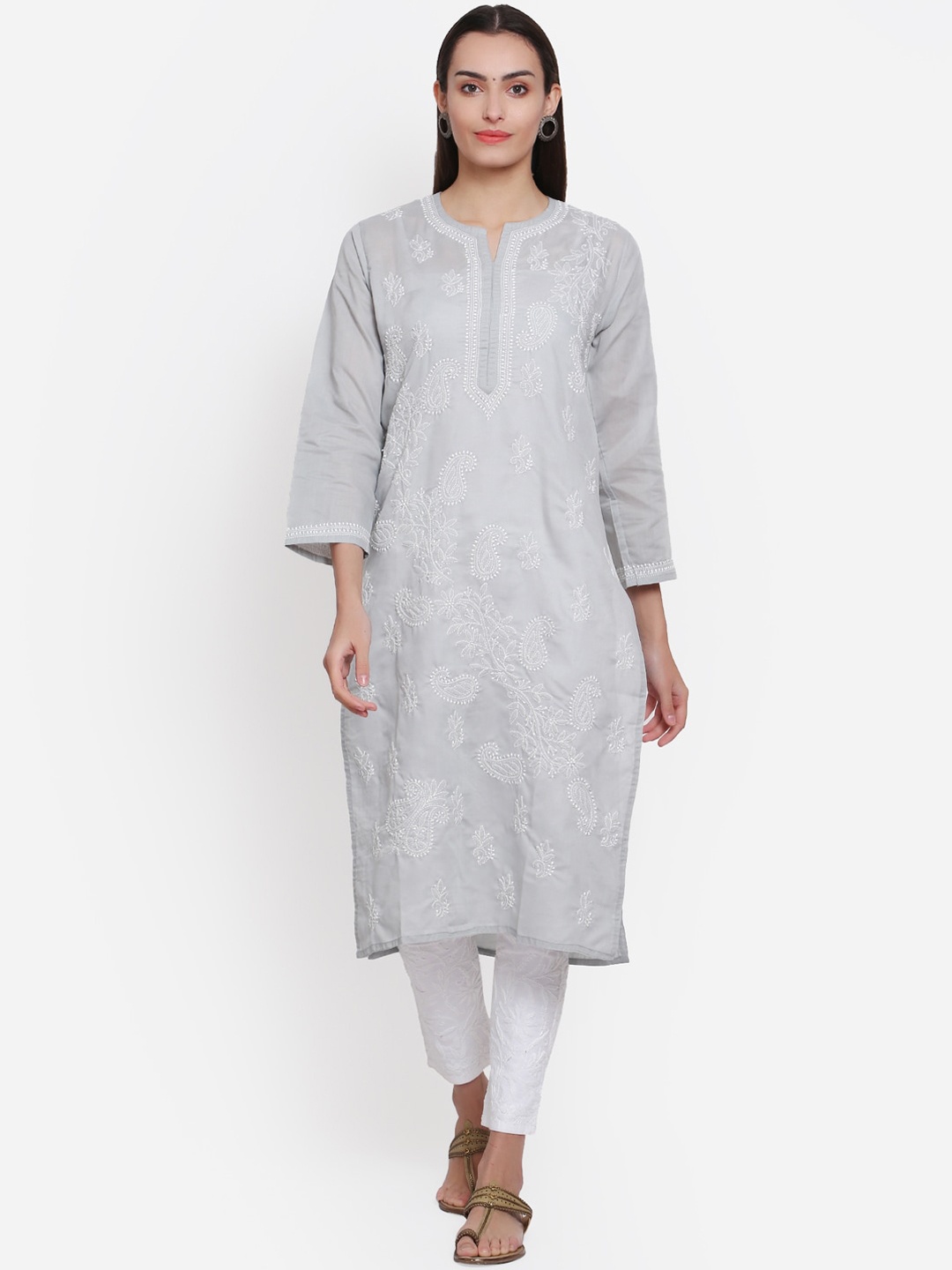 

PARAMOUNT CHIKAN Women Grey Ethnic Motif Hand Embroidered Chikankari Cotton Kurta