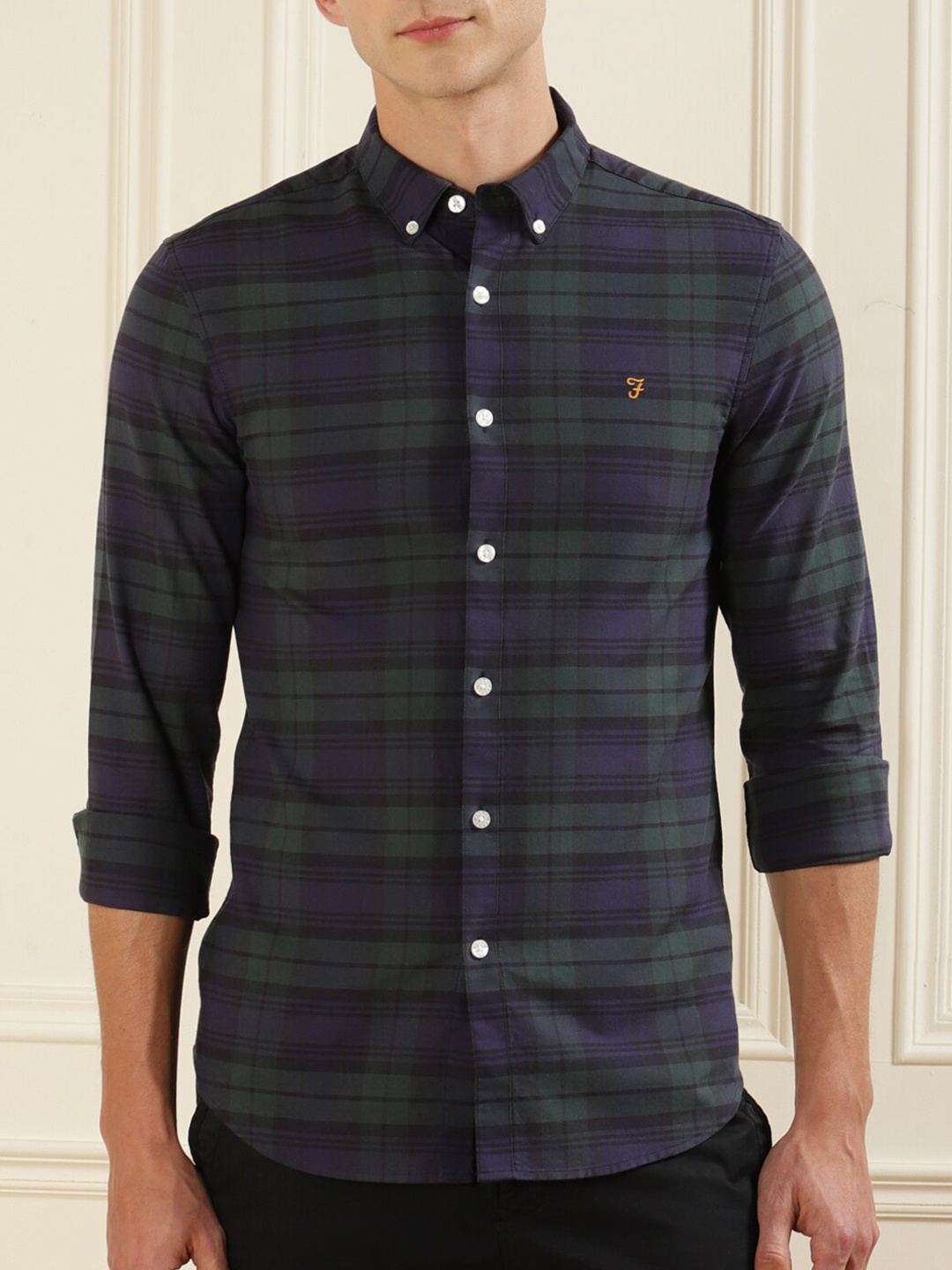 

Farah Men Navy Blue & Green Slim Fit Checked Button-Down Collar Pure Cotton Casual Shirt