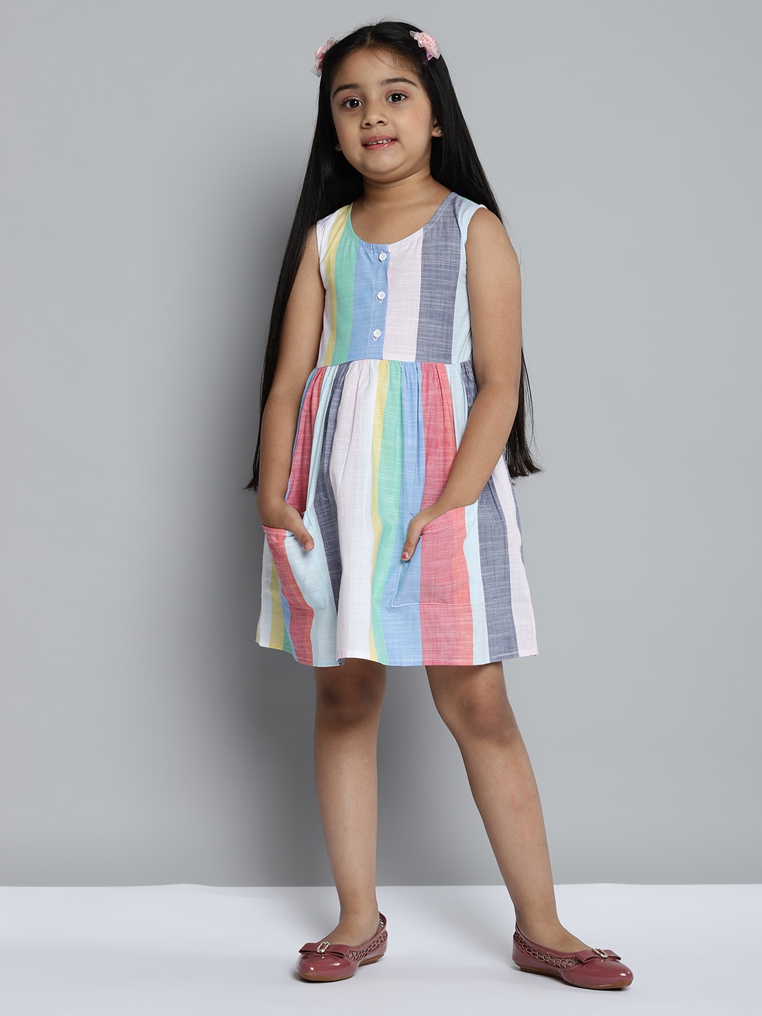 

YK Girls Multicoloured Striped Pure Cotton Fit & Flare Dress, Multi