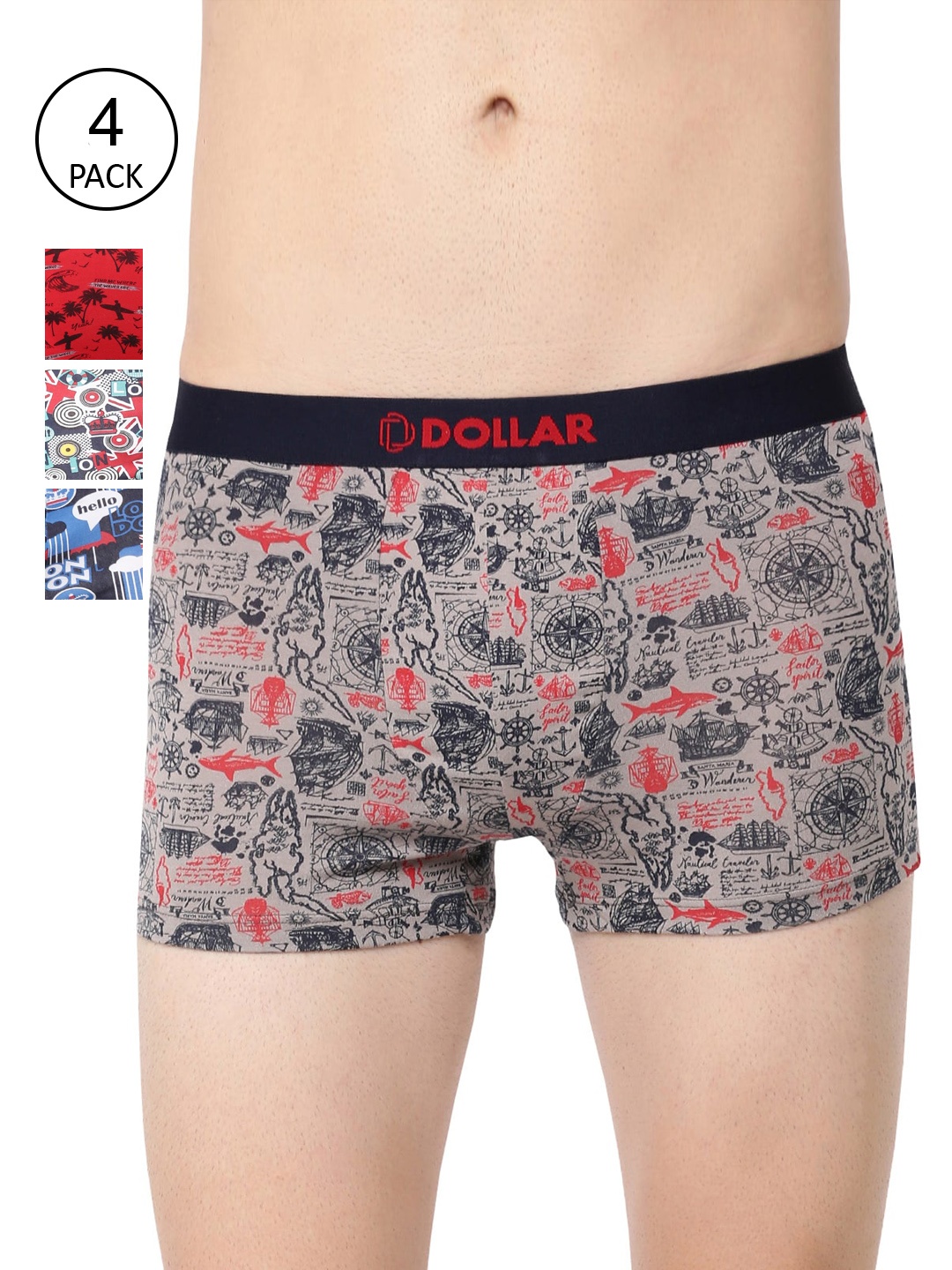 

Dollar Bigboss Men Assorted Printed Pack of 4 Combed Cotton Trunks MBTR-14-TRENDYPRNT-PO4