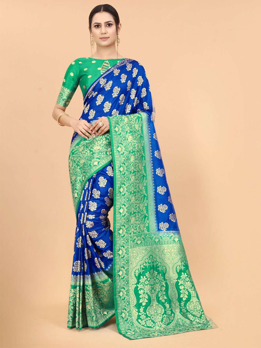

SATYAM WEAVES Blue & Green Woven Design Zari Silk Cotton Banarasi Saree