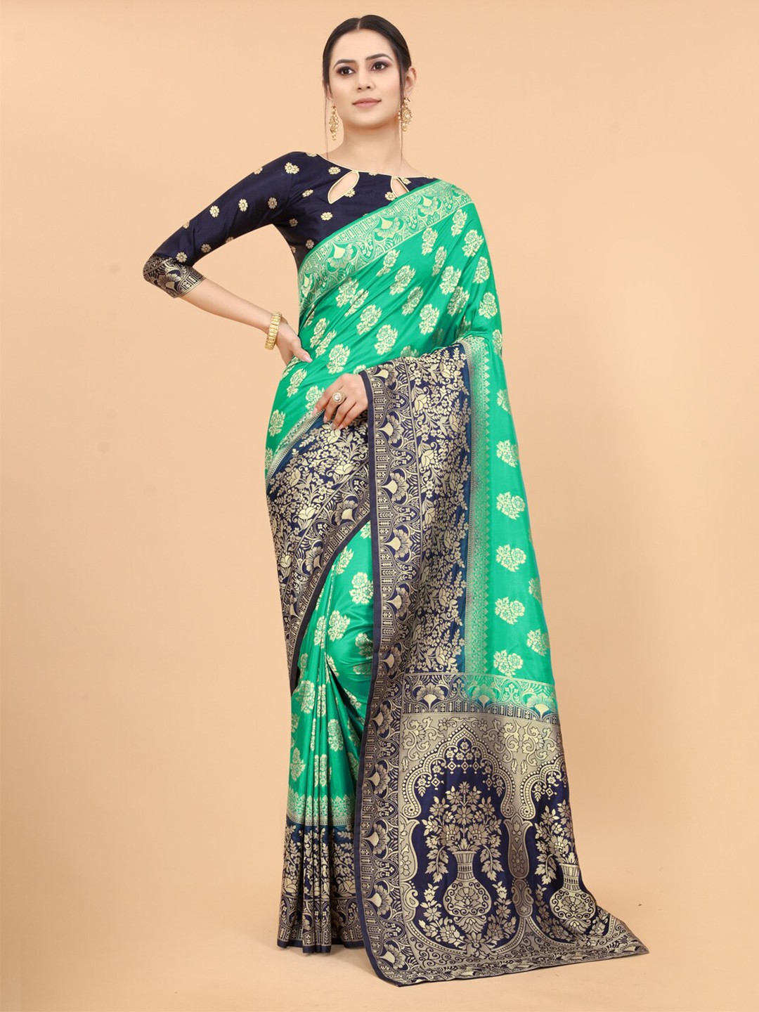 

SATYAM WEAVES Green & Blue Woven Design Silk Cotton Banarasi Saree