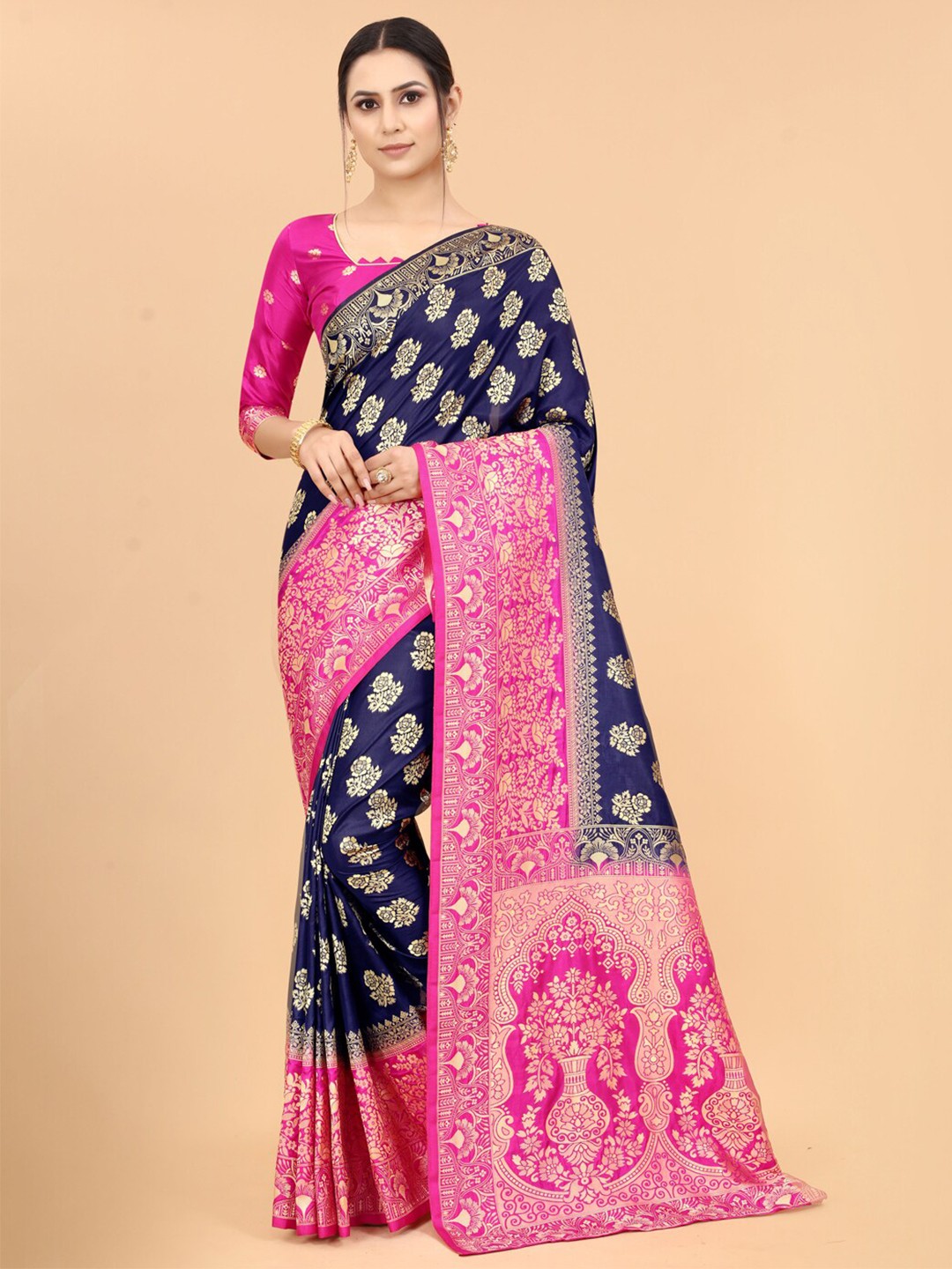 

SATYAM WEAVES Blue & Pink Ethnic Motifs Zari Silk Cotton Banarasi Saree