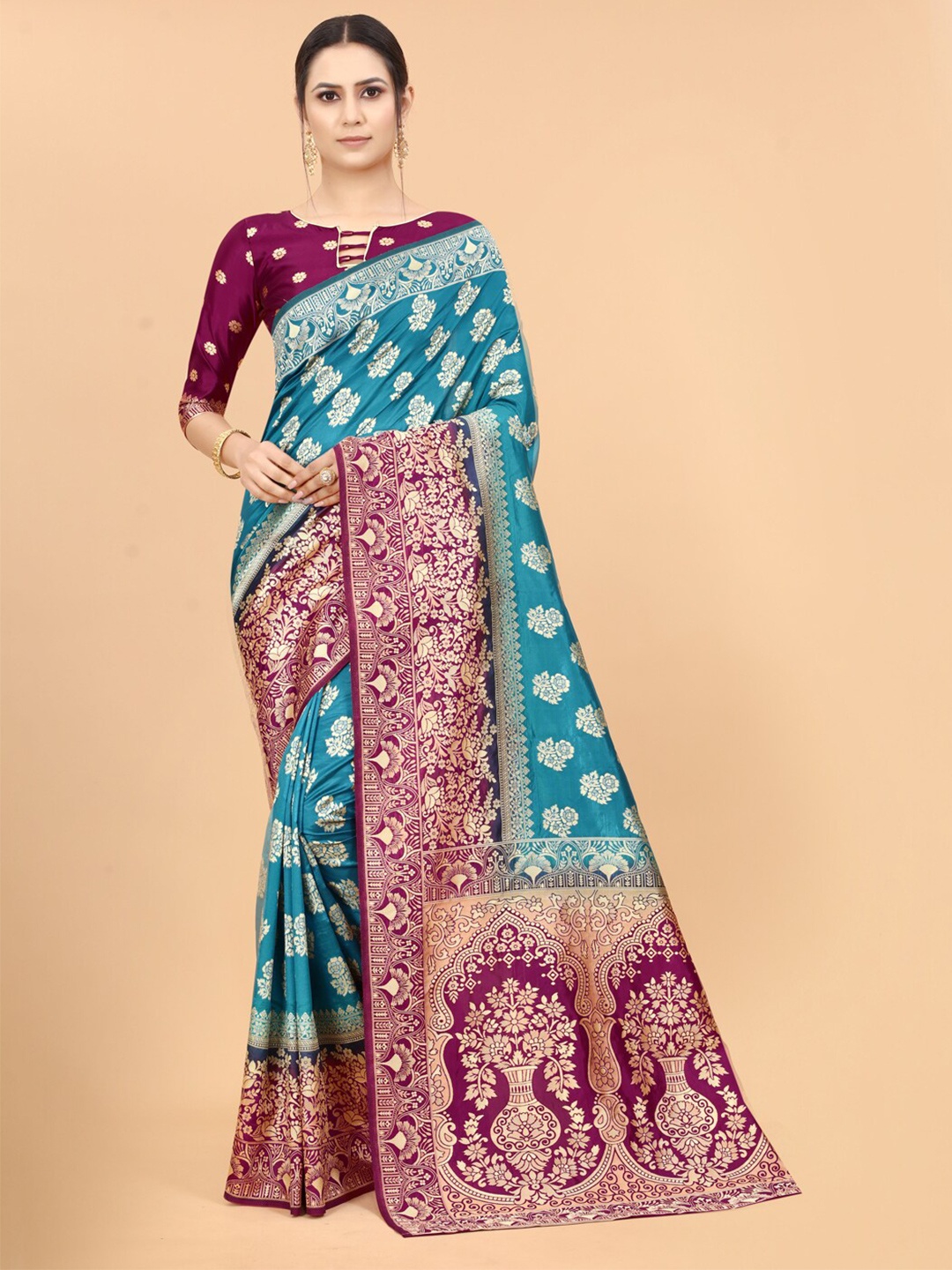 

SATYAM WEAVES Blue & Purple Woven Design Saree